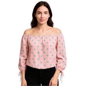 Do+be crop puff sleeves blouse top pink green polka dot Sz M